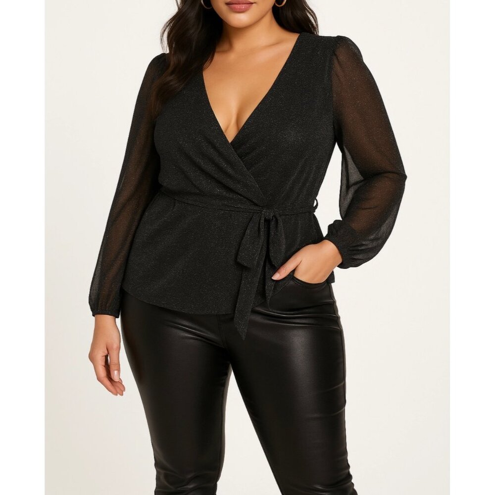 Torrid Top 1 Black Metallic Sheer Surplice Tie Waist Blouse Party Glam Night Out